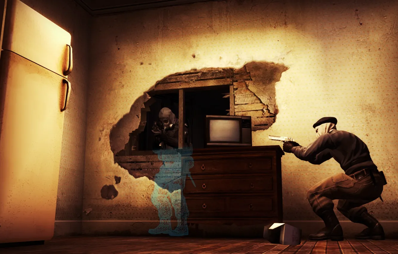 Фото обои пистолет, стол, комната, стена, опасность, мрак, доски, дыра