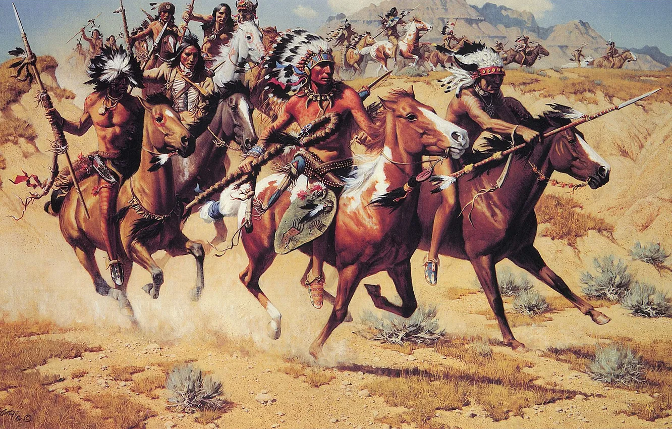 Фото обои Картина, Индейцы, Лошади, Frank McCarthy, Американский художник, Фрэнк Маккарти, Нападение индейцев