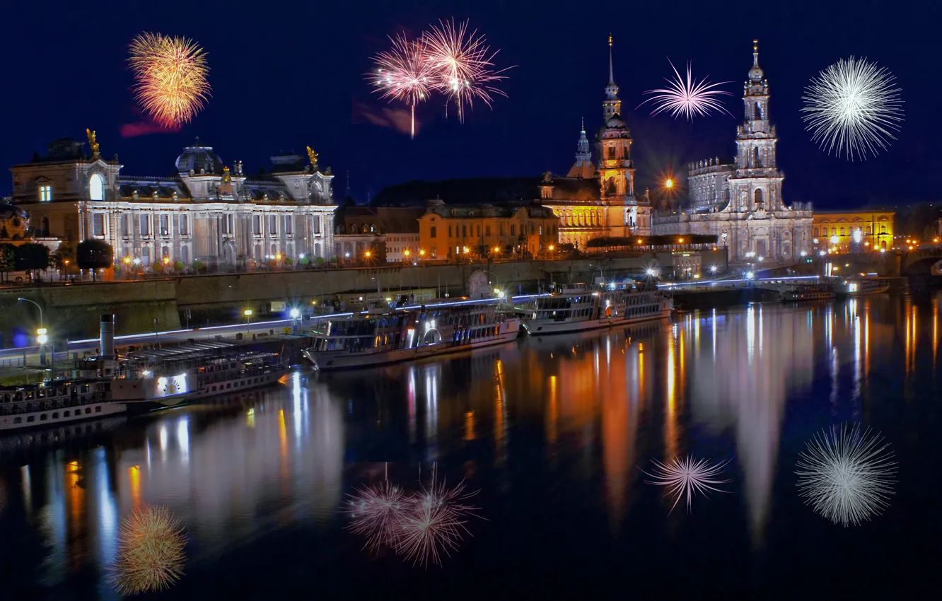 Фото обои ночь, праздник, салют, Германия, Дрезден, церковь, собор, Новый год