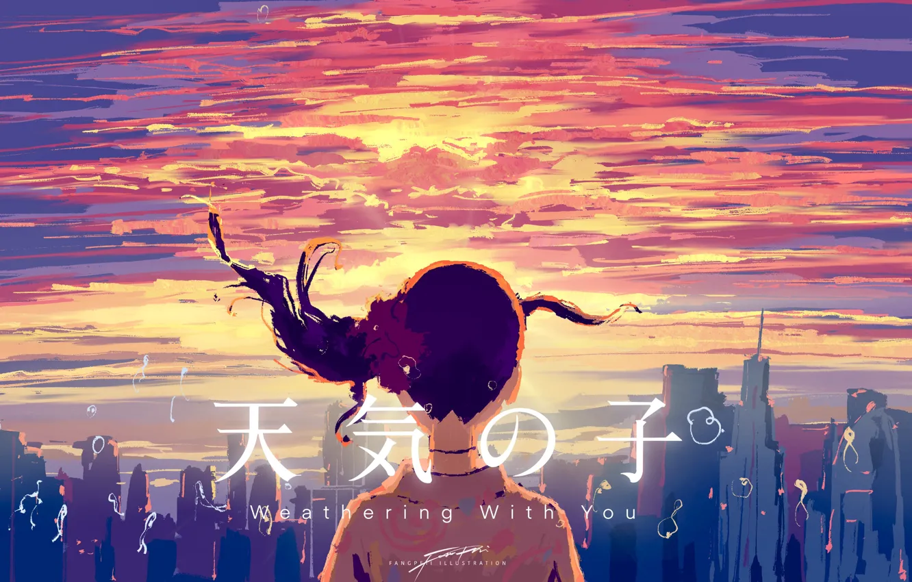 Фото обои небо, девушка, закат, город, Hina Amano, Tenki no Ko