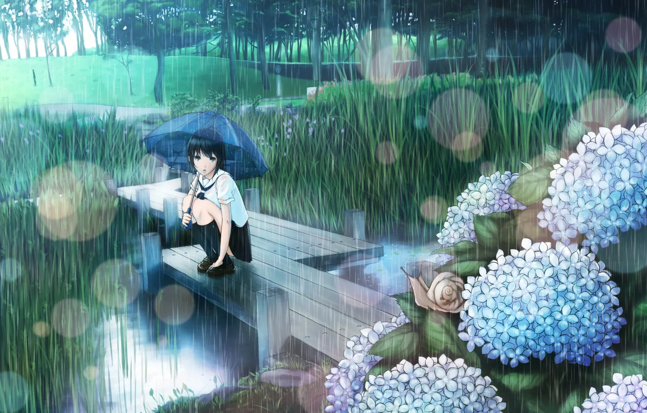 Фото обои трава, девушка, ручей, дождь, улитка, зонт, арт, гортензии