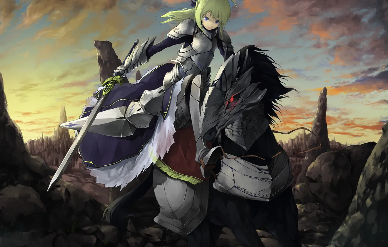 Фото обои девушка, оружие, скалы, лошадь, меч, аниме, арт, броня