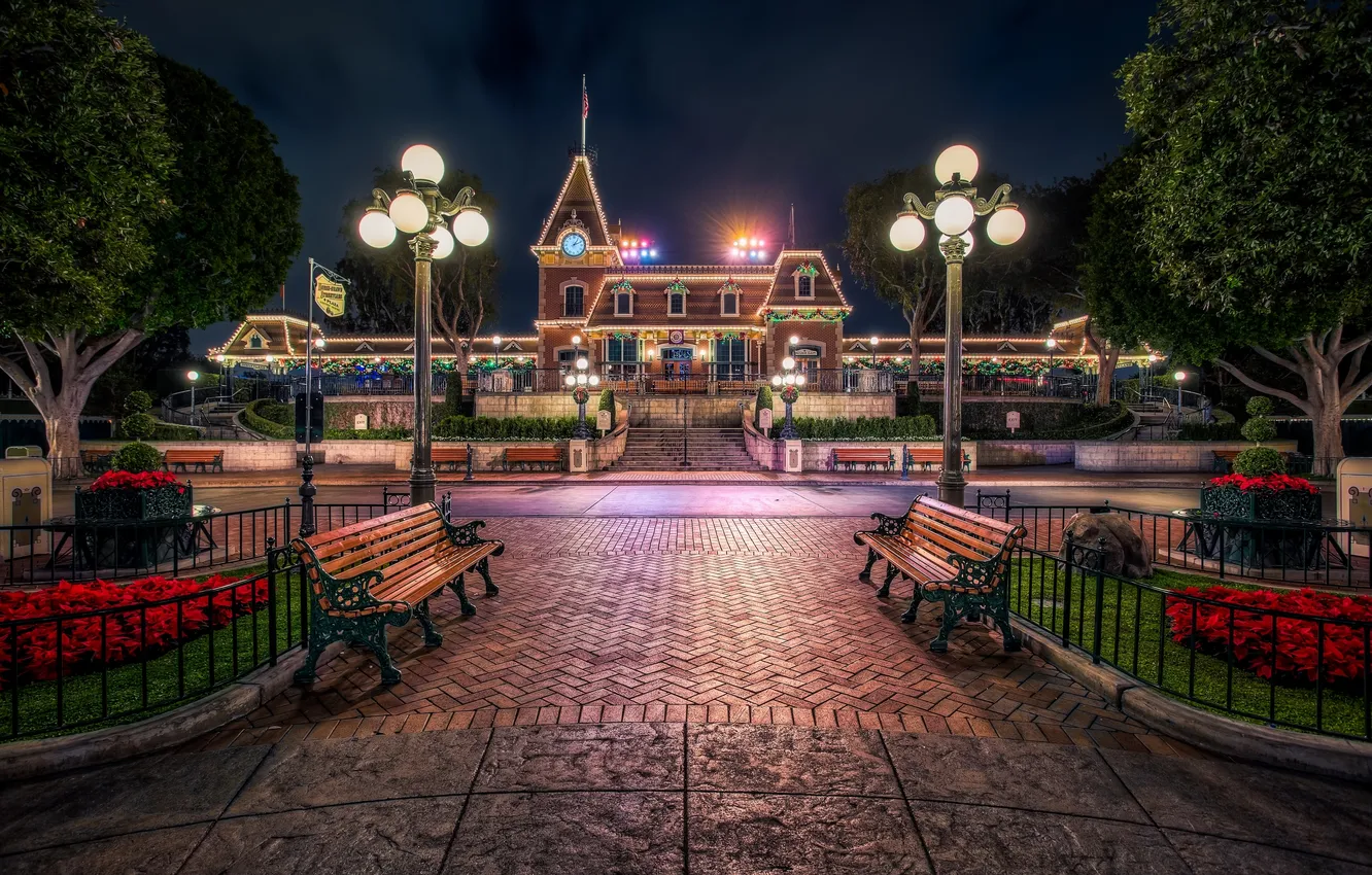 Фото обои фонари, Калифорния, Диснейленд, скамейки, California, Disneyland, Анахайм, Anaheim