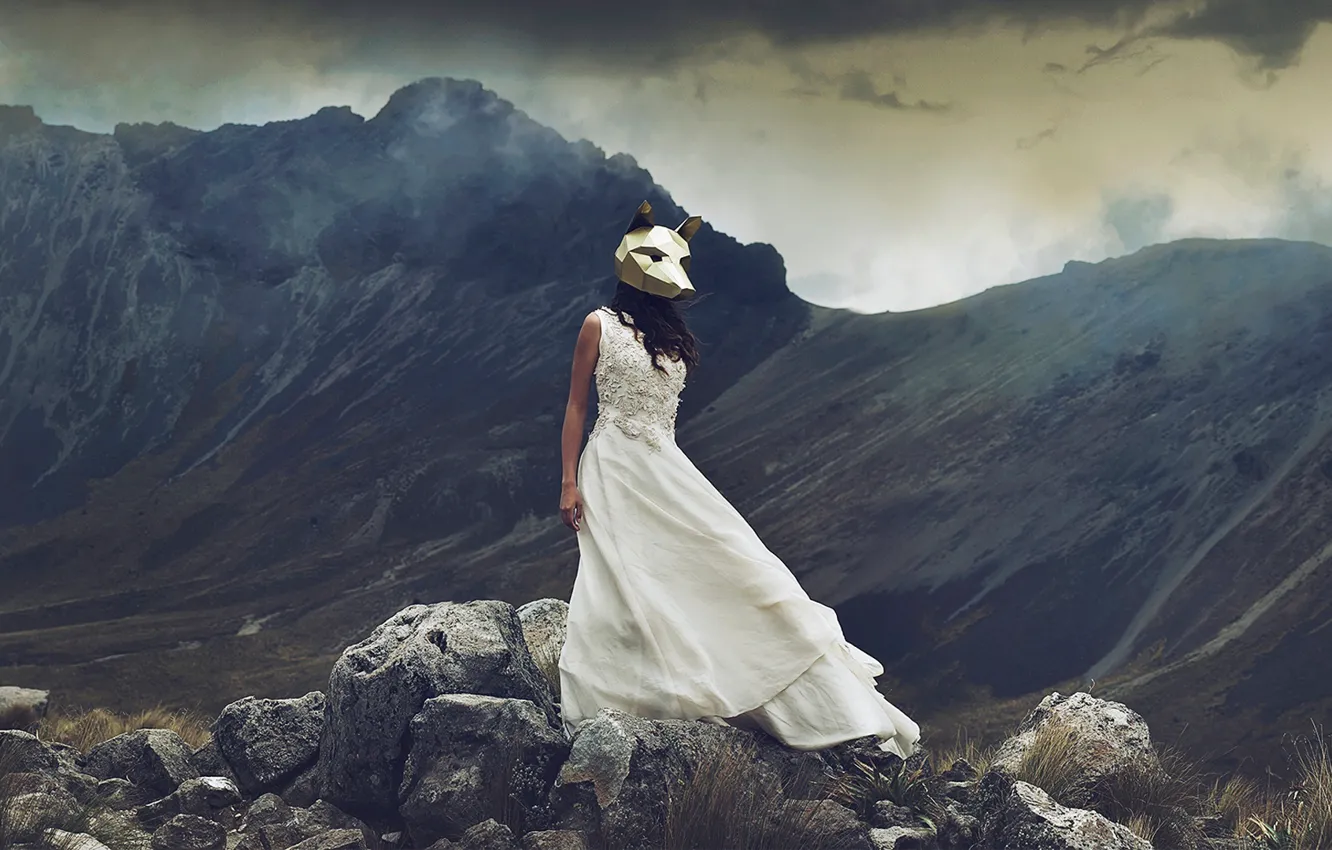 Фото обои девушка, горы, камни, ситуация, платье, маска