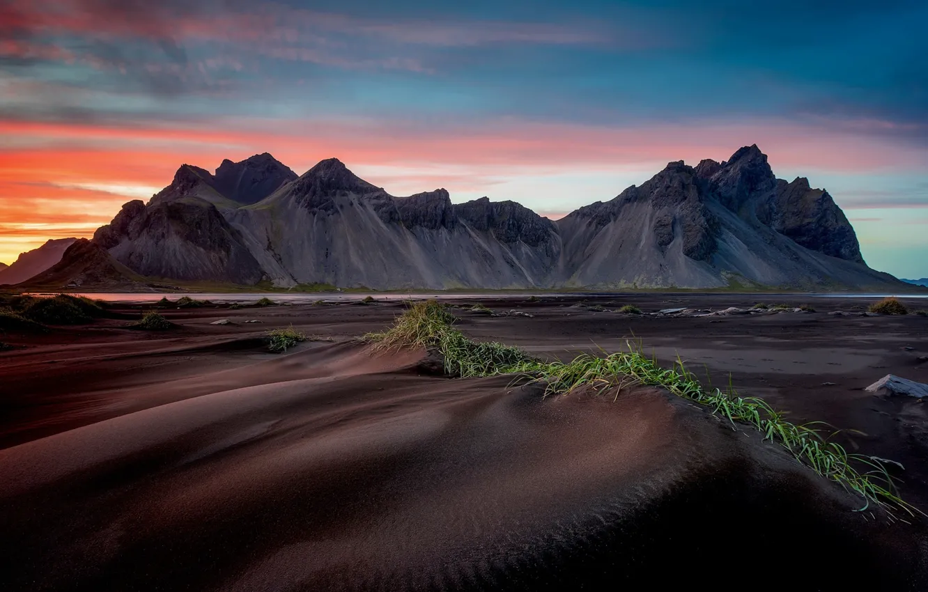 Фото обои пляж, горы, Исландия, Стокнес