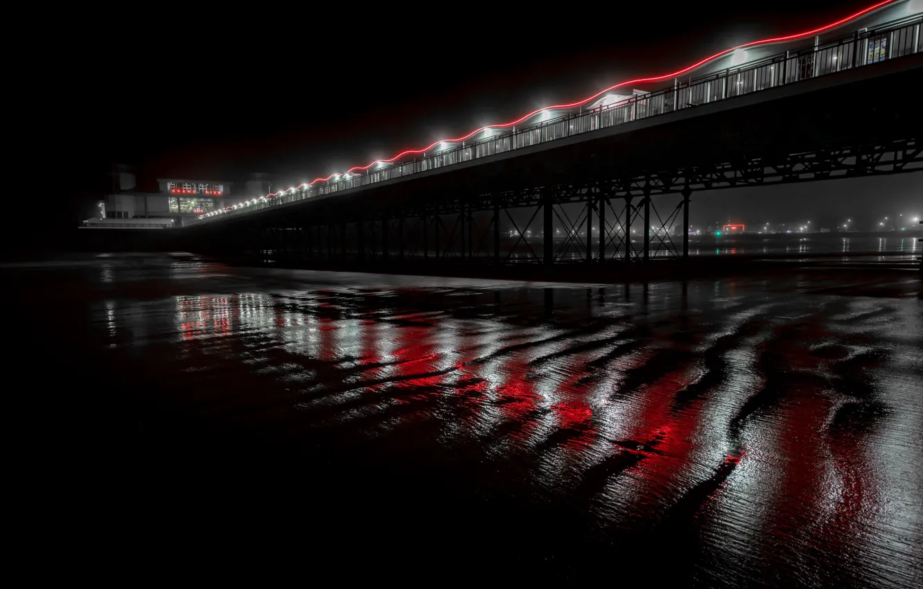Фото обои море, ночь, мост, берег, England, United Kingdom, North Somerset