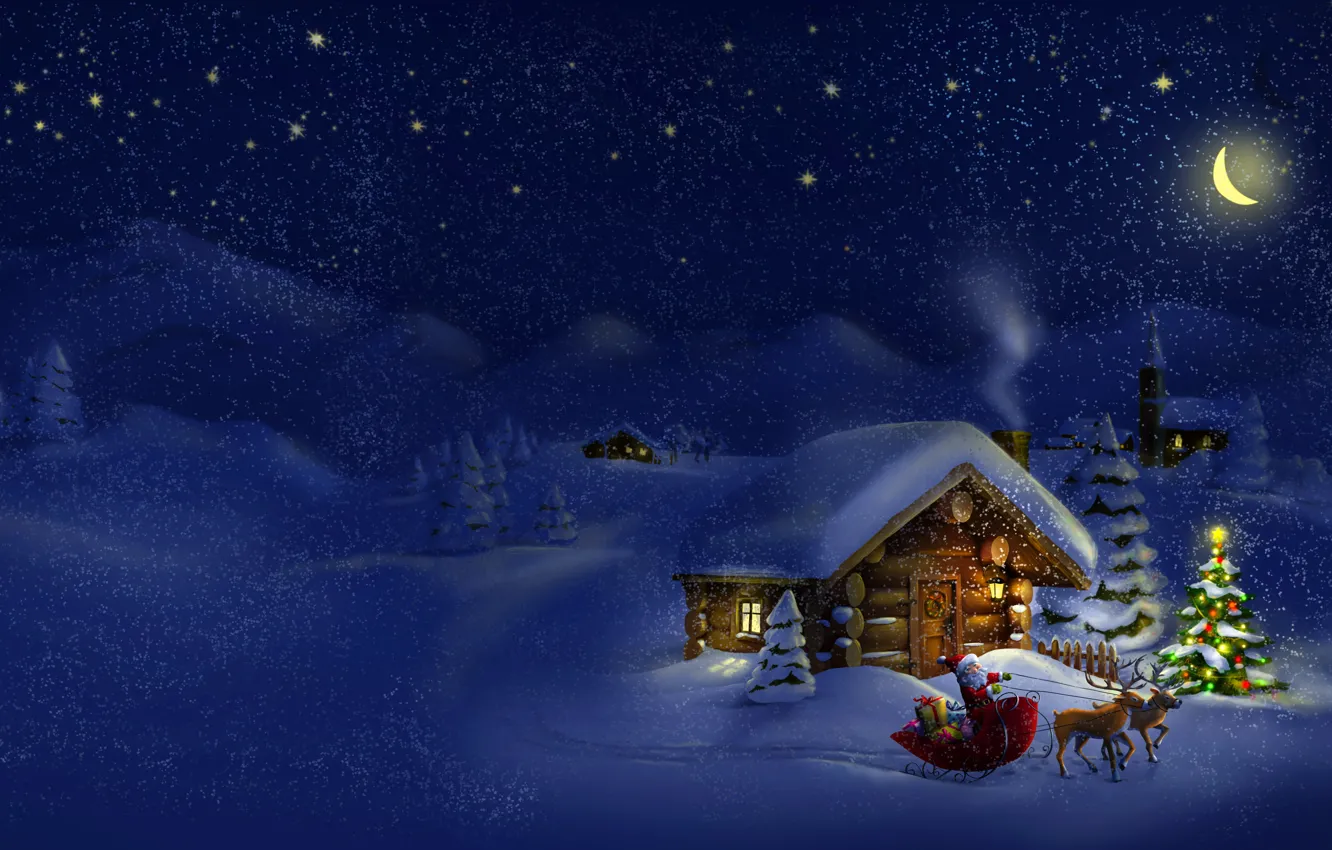 Фото обои зима, снег, ночь, природа, город, огни, новый год, рождество