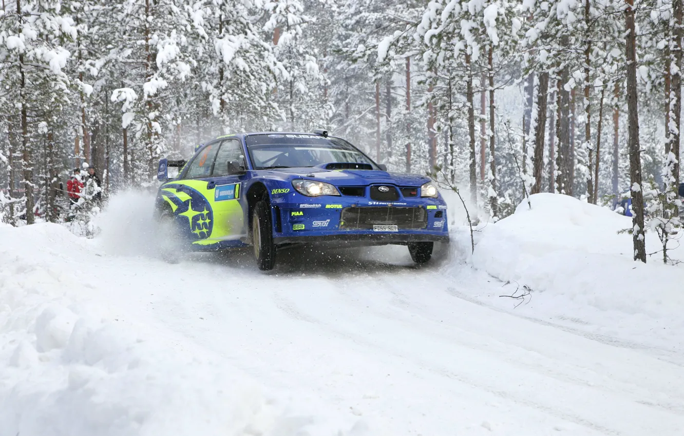 Фото обои Зима, Авто, Синий, Белый, Subaru, Impreza, Снег, Лес
