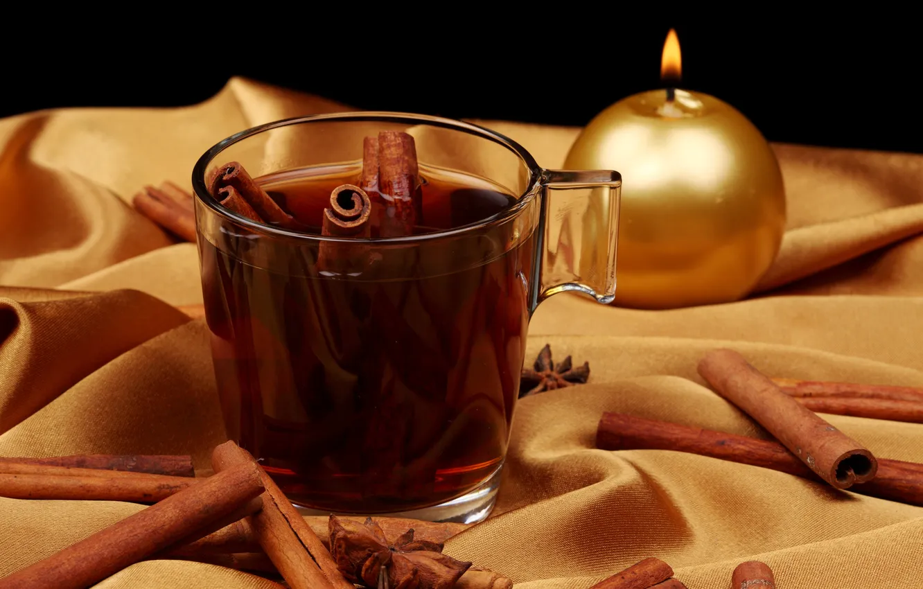 Фото обои чай, свеча, чашка, ткань, корица, стеклянная, золотая