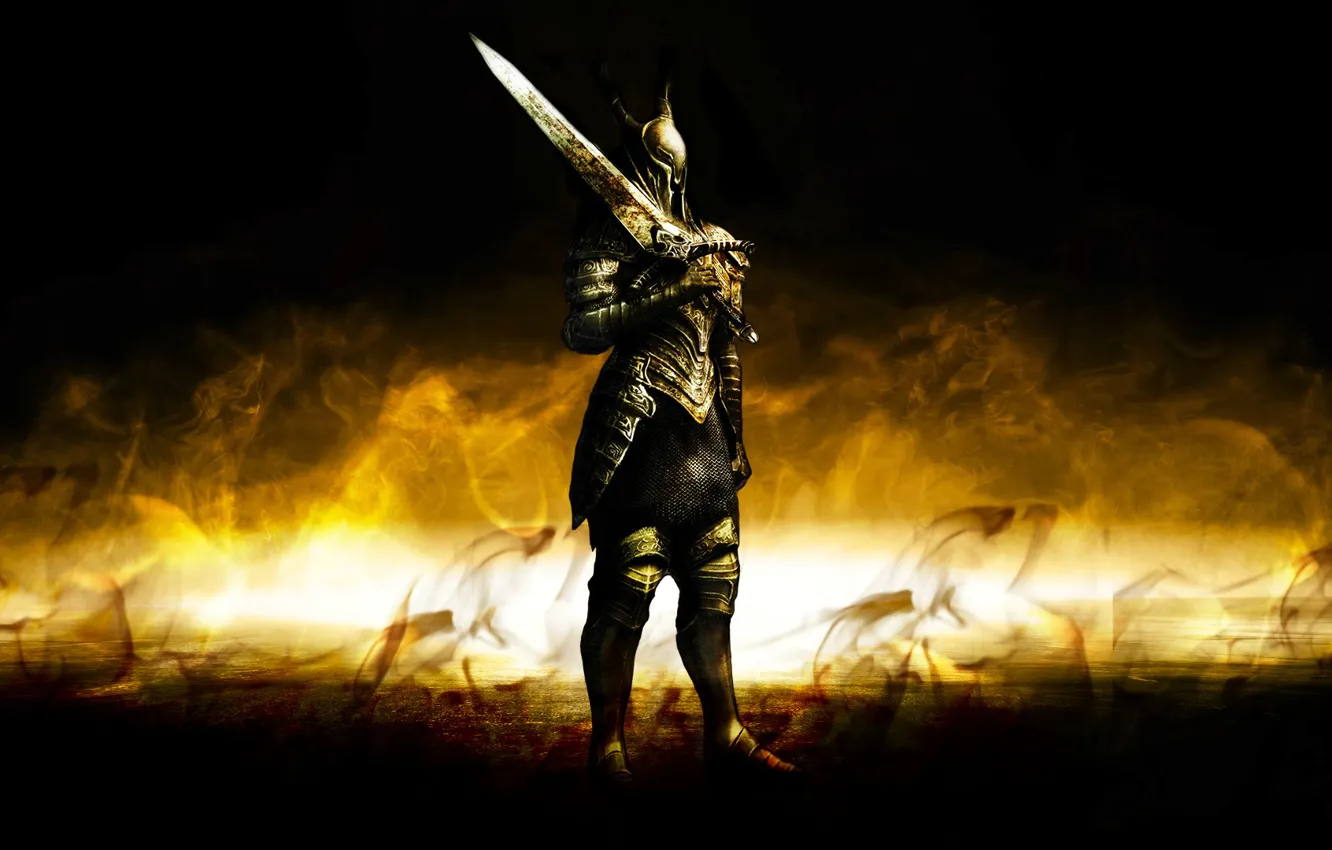 Фото обои дым, меч, доспехи, зарево, рыцарь, Dark Souls 2