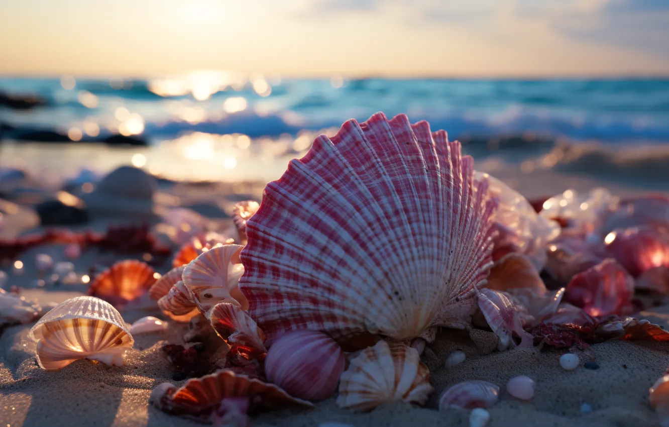 Фото обои море, пляж, океан, берег, ракушка, ракушки, морские ракушки, морская ракушка