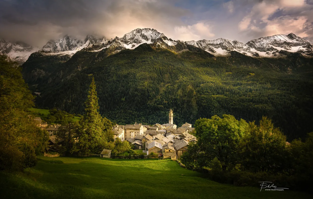 Фото обои лес, горы, дома, Италия, Stefan Thaler, La soglia del paradiso