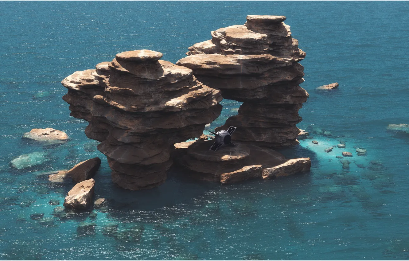 Фото обои скалы, островок, водоём, аппарат, Lunch Break