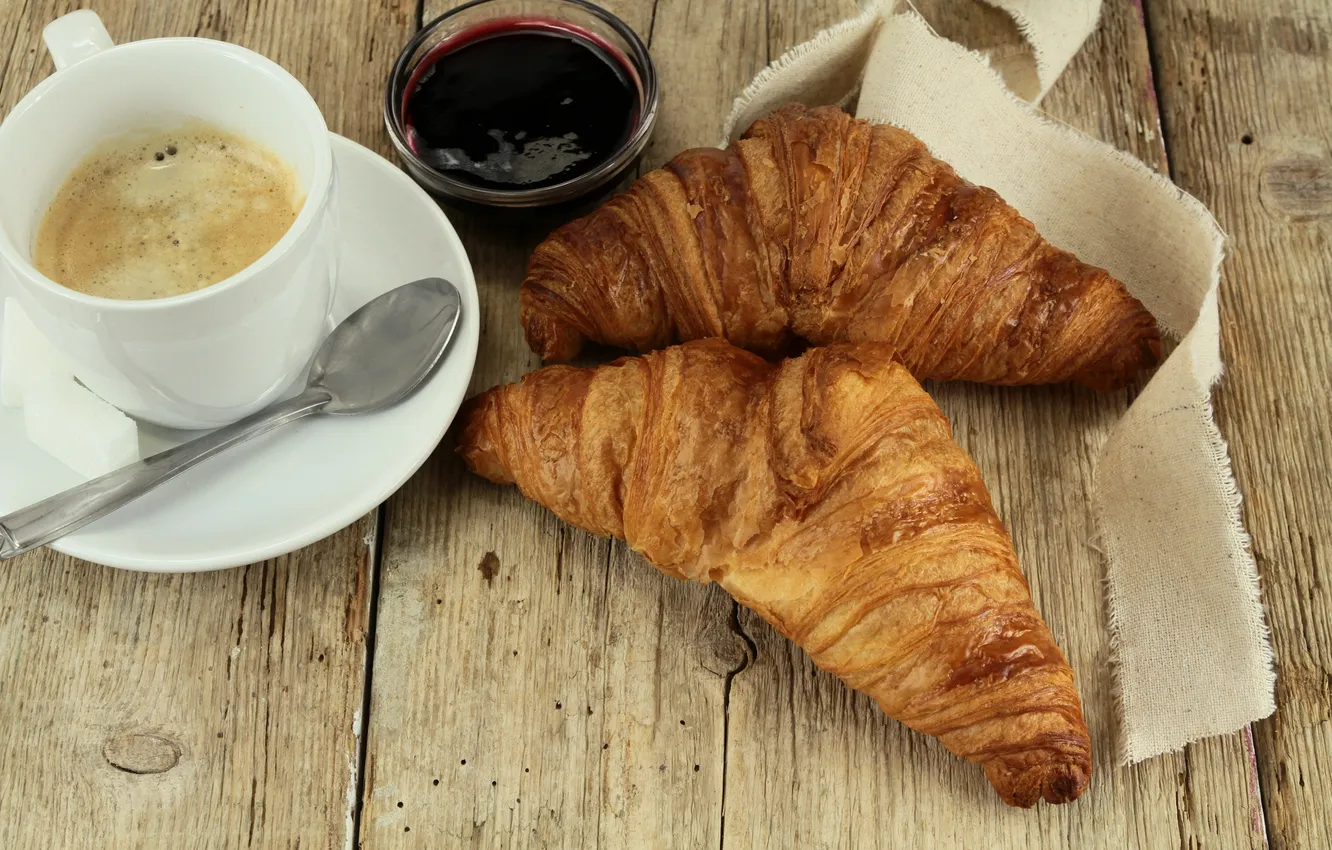 Фото обои кофе, завтрак, выпечка, джем, croissant, breakfast, круассан