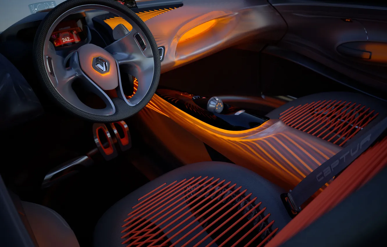 Фото обои машины, оранжевый, коробка, concept, подсветка, руль, салон, черно