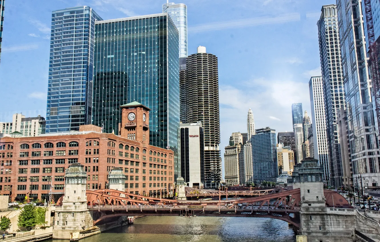 Фото обои город, фото, дома, небоскребы, Чикаго, США, мосты