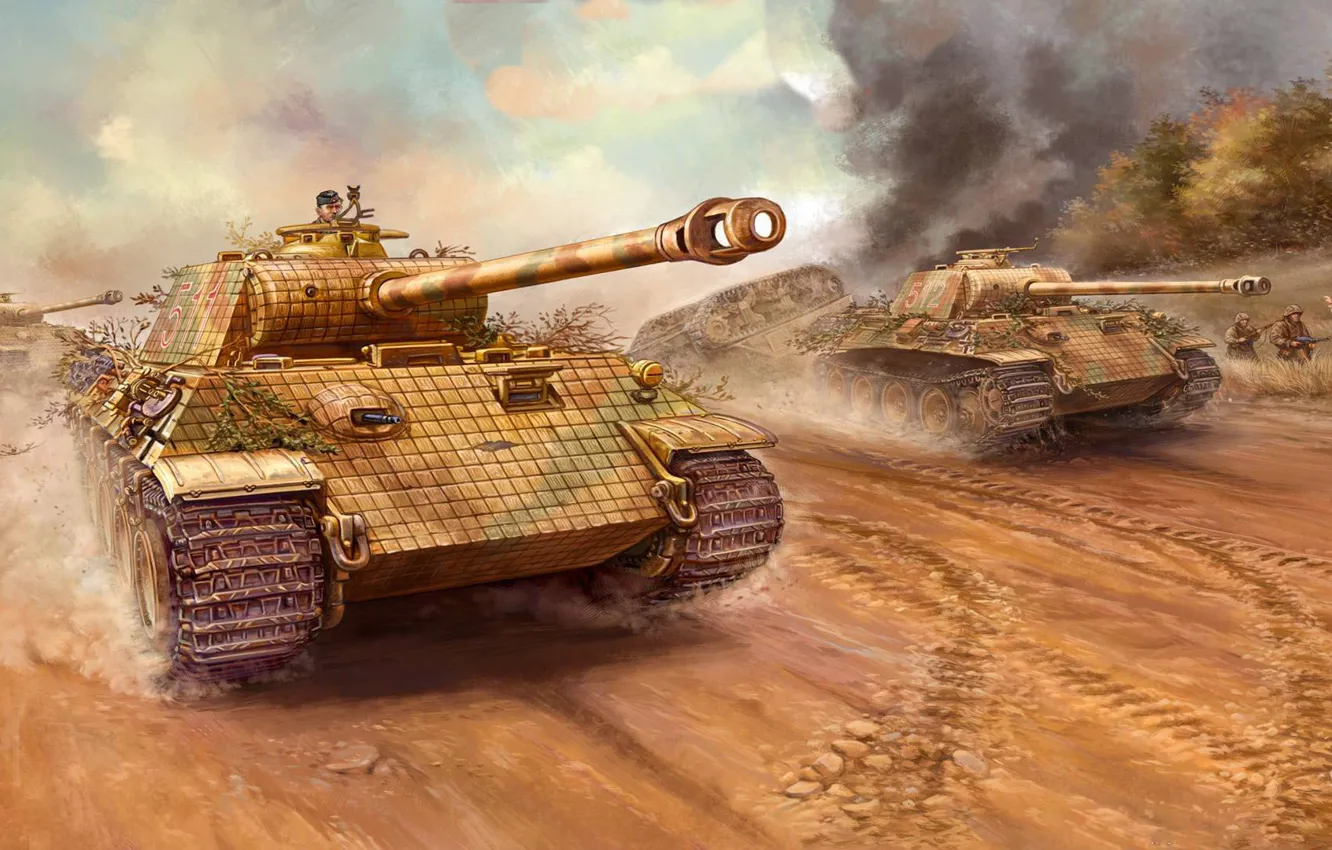 Фото обои атака, рисунок, арт, танки, немцы, panther, flames of war, пантеры