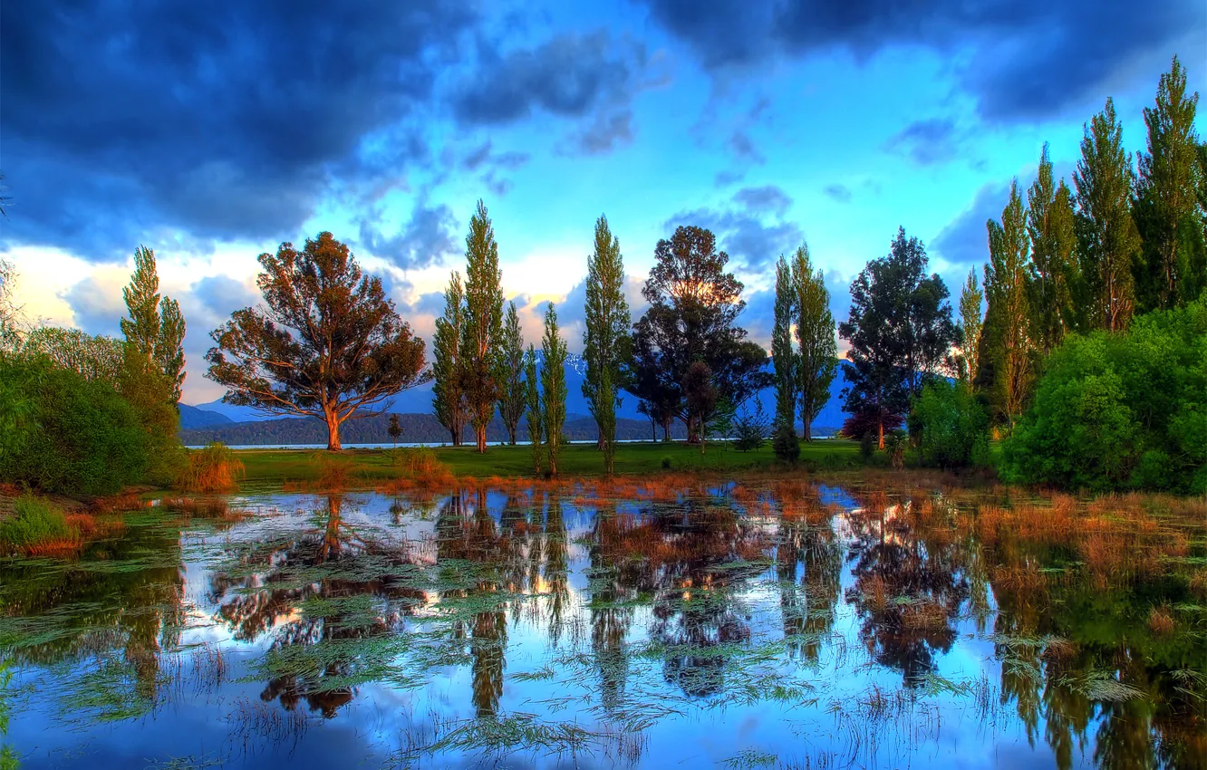 Фото обои небо, облака, деревья, отражение, река, HDR, Новая Зеландия, New Zealand