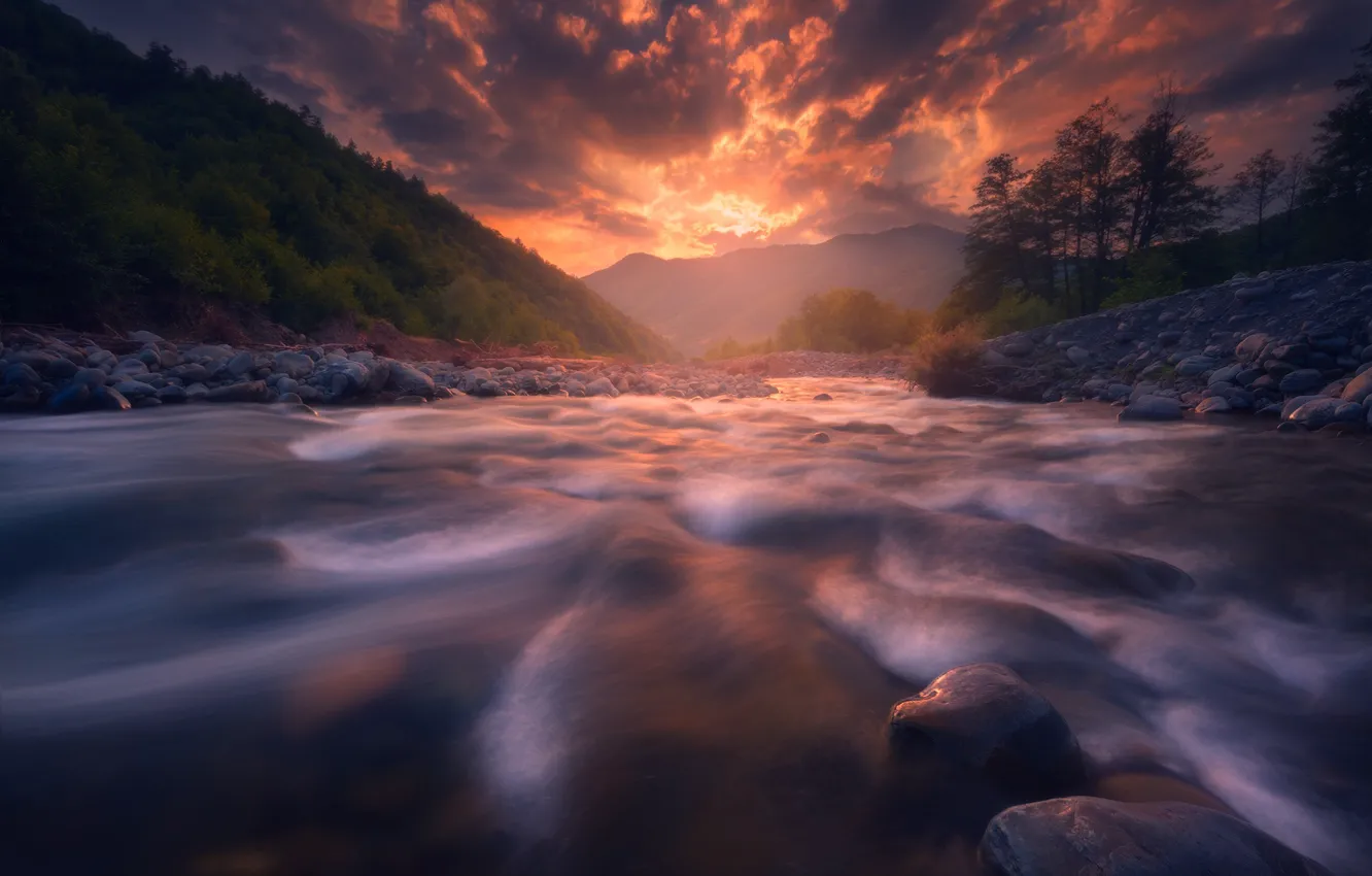 Фото обои закат, горы, река