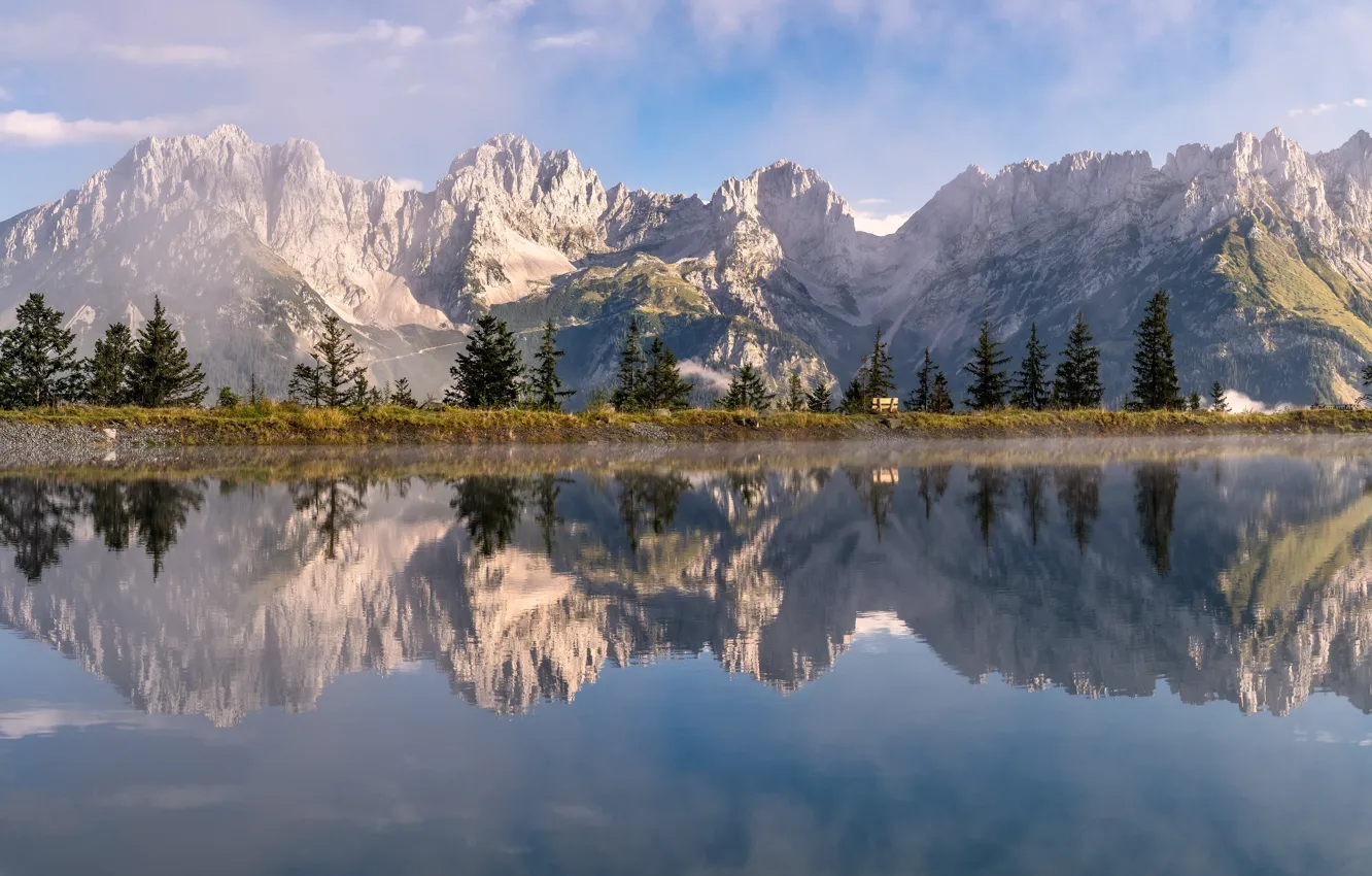 Фото обои деревья, горы, озеро, отражение, Австрия, панорама, Austria, Тироль