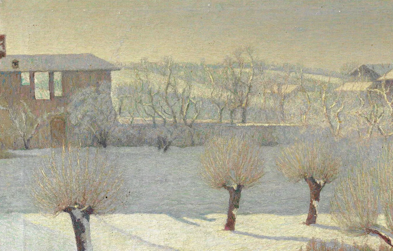 Фото обои зима, деревья, пейзаж, дом, картина, Angelo Barabino, Снегопад в Тортоне