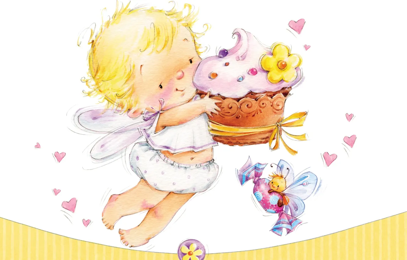 Фото обои праздник, арт, девочка, сладости, пчёлка, малышка, тортик, детская