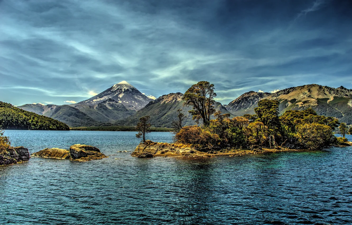 Фото обои горы, озеро, обработка, островок, Аргентина