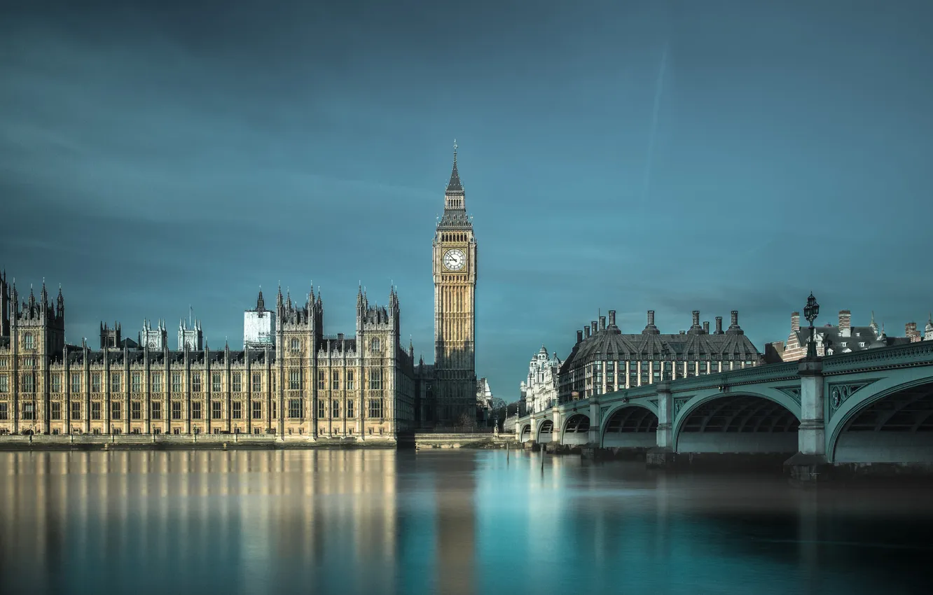 Фото обои небо, мост, река, часы, Англия, Лондон, башня, Темза
