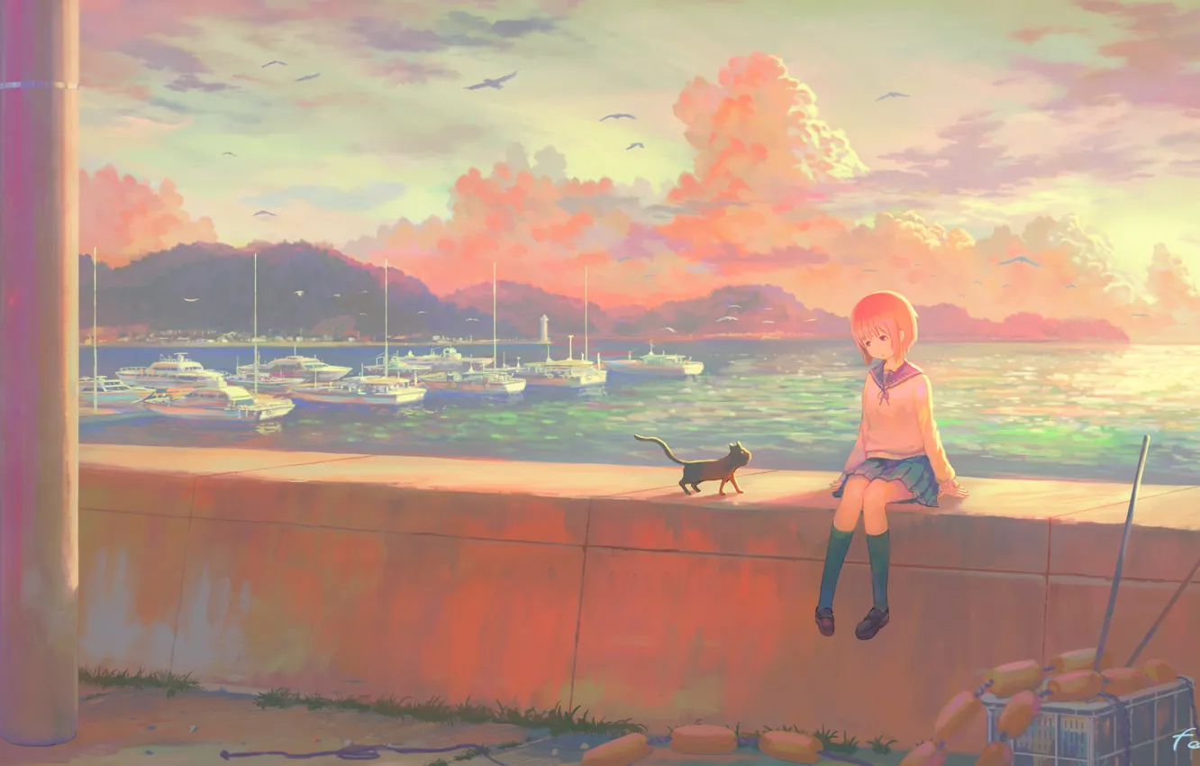 Фото обои море, небо, котенок, чайки, корабли, девочка