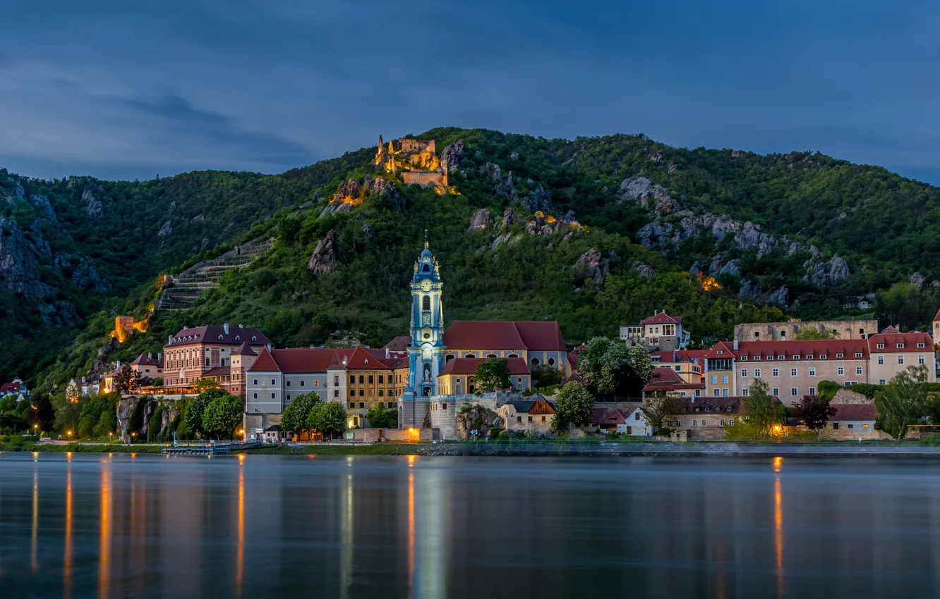Фото обои горы, река, здания, дома, Австрия, Austria, Danube River, Dürnstein