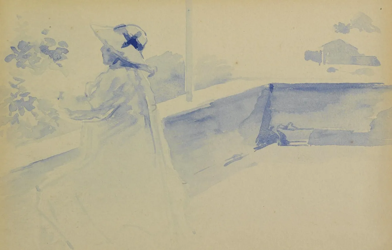 Фото обои рисунок, акварель, Henri Edmond Cross, Анри Кросс, Женщина на Балконе
