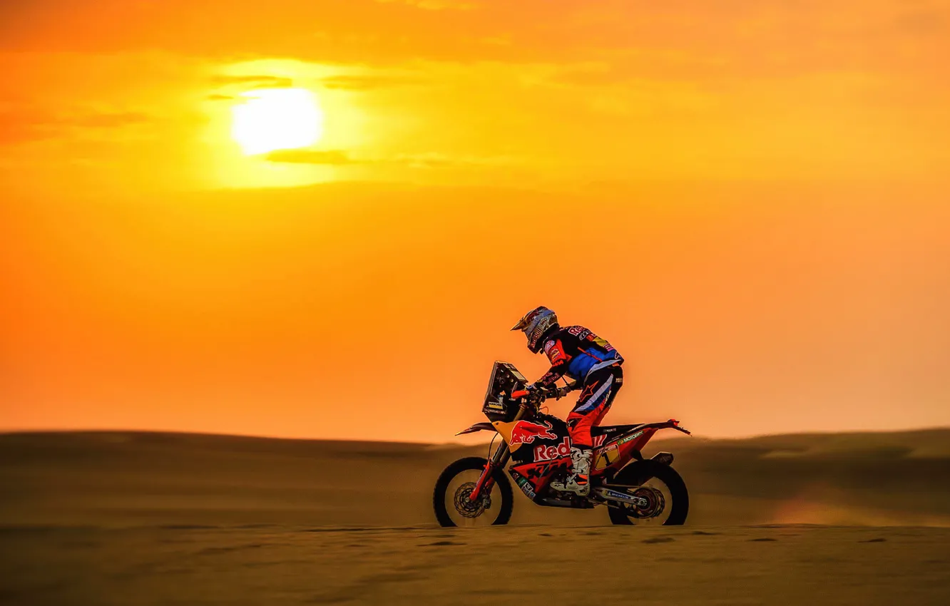 Фото обои Закат, Солнце, Спорт, Скорость, Мотоцикл, Гонщик, Мото, KTM