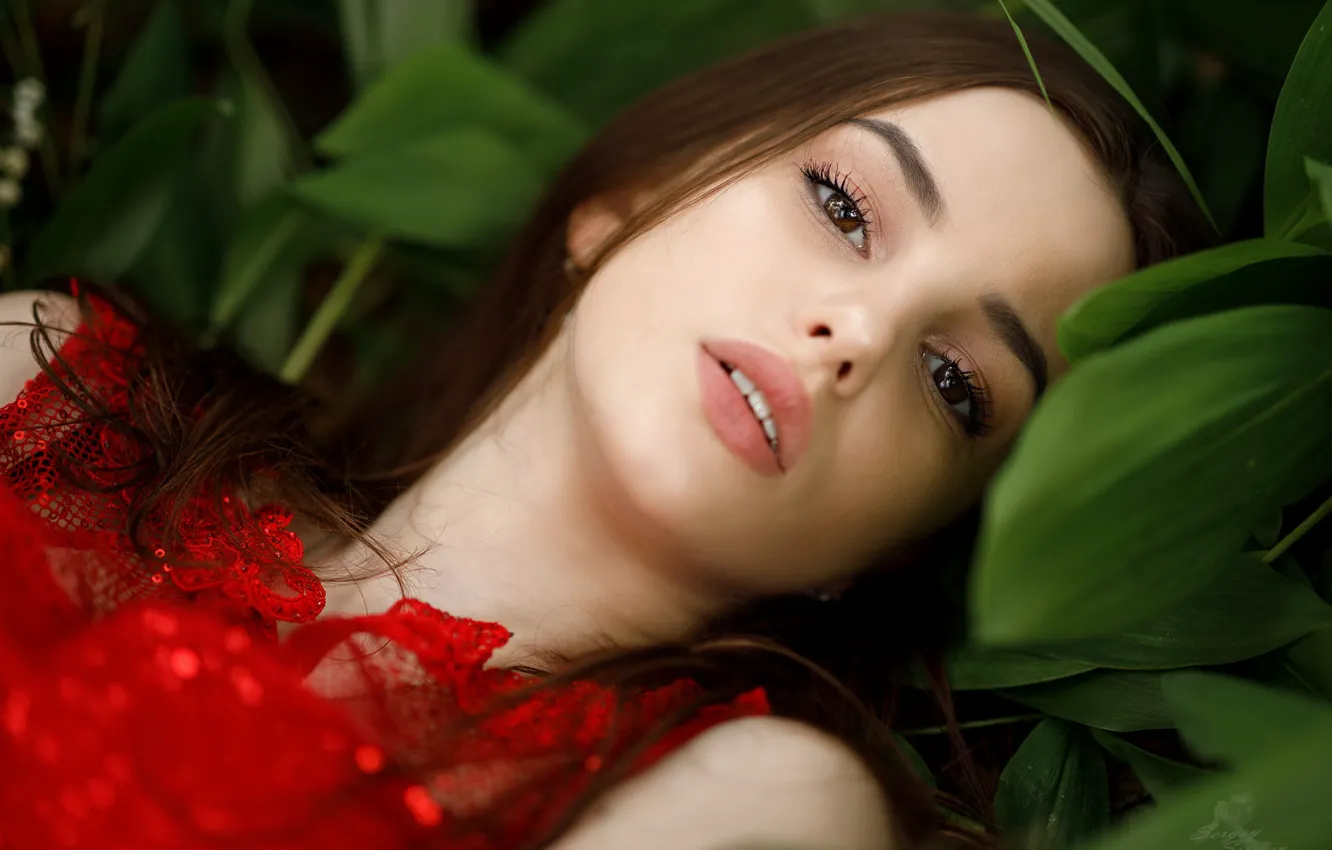 Фото обои girl, dress, brown eyes, photo, photographer, leaves, model, lips