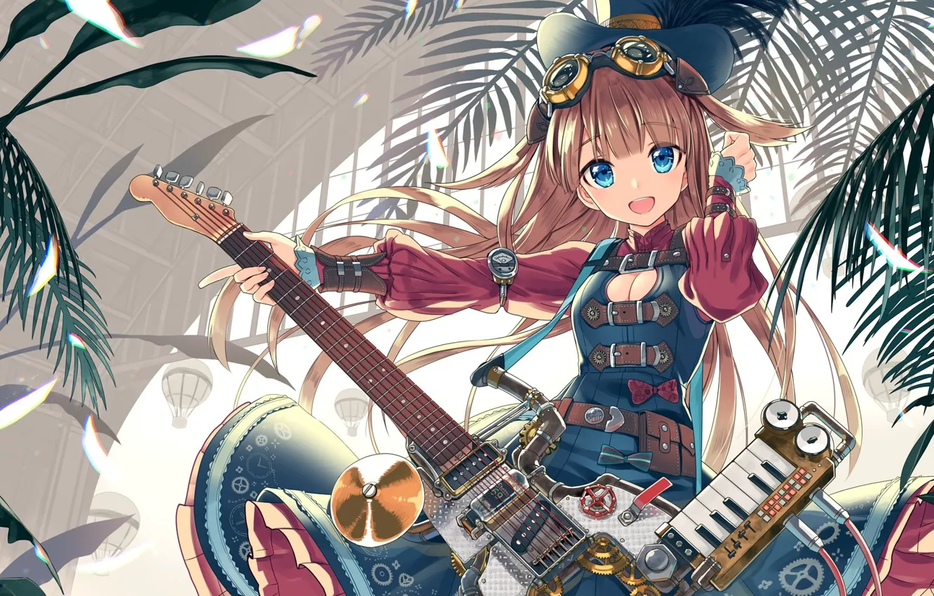 Фото обои пальма, гитара, платье, очки, девочка, голубые глаза, парашут, Steam punk