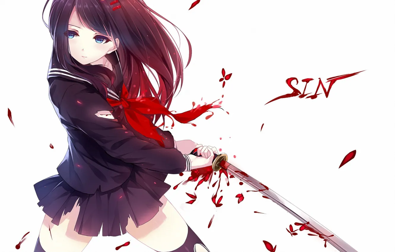 Фото обои девушка, бабочки, кровь, меч, арт, белый фон, форма, грех