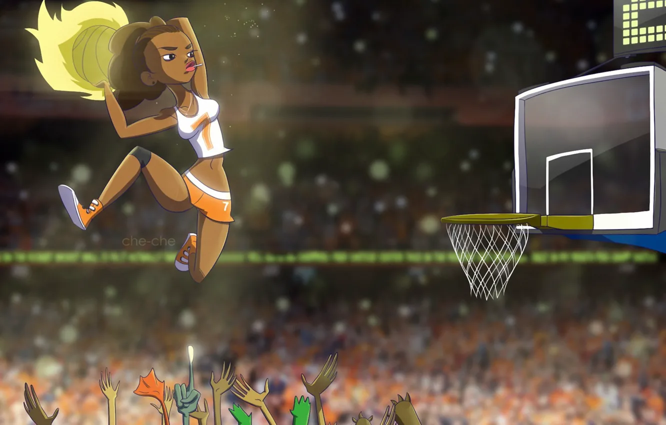 Фото обои девушка, прыжок, корзина, мяч, руки, арт, баскетбол, che-che
