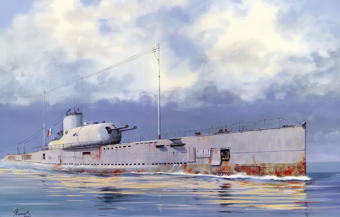 Фото обои вода, лодка, рисунок, арт, подводная, Вторая мировая война, submarine, француская