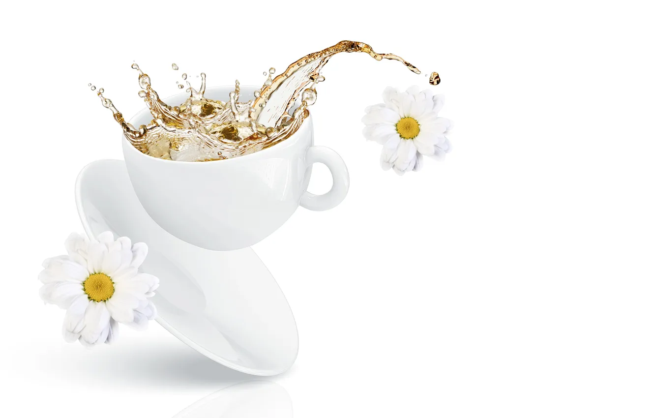 Фото обои цветы, брызги, чай, чашка