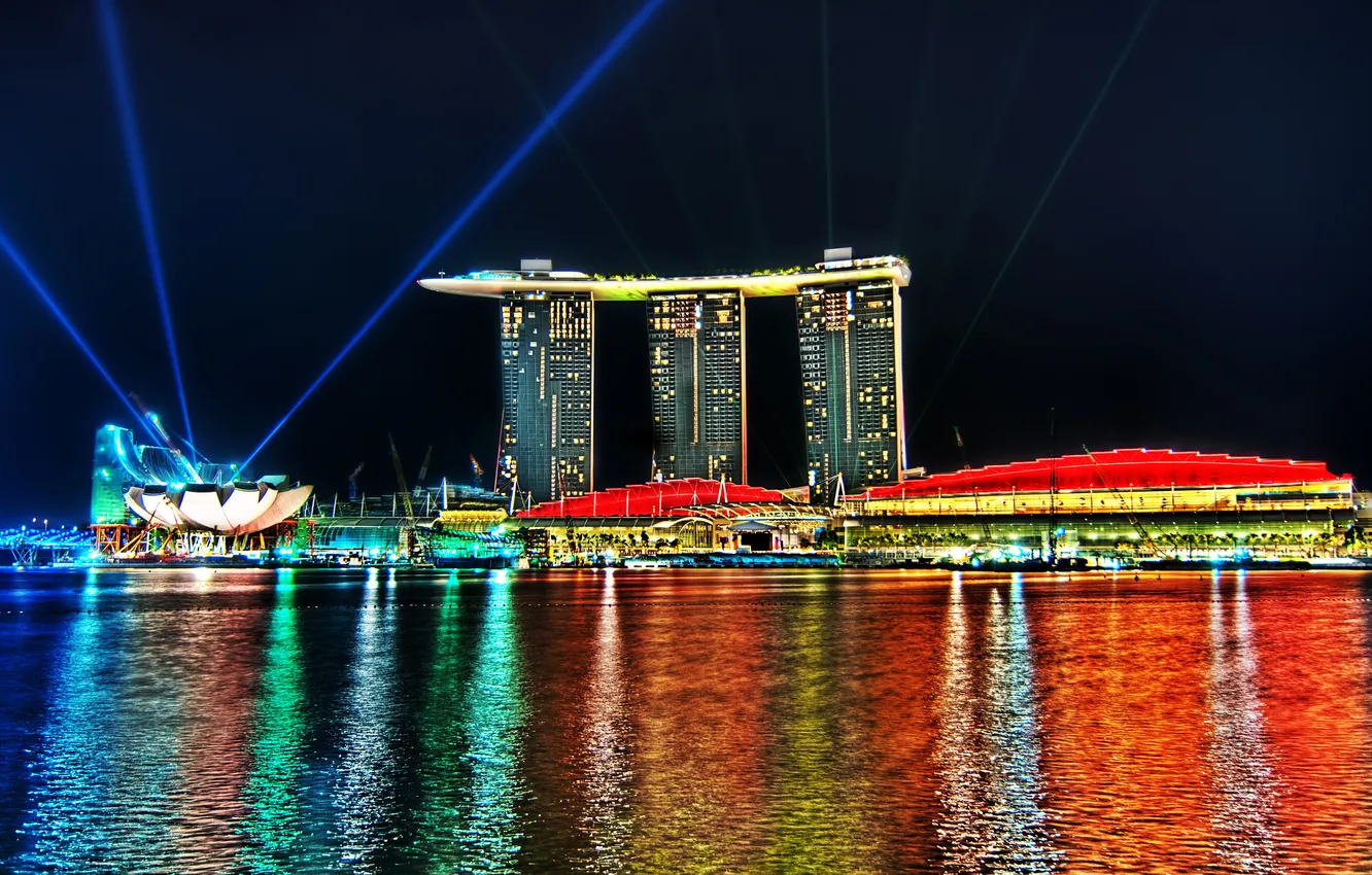 Фото обои ночь, огни, сингапур