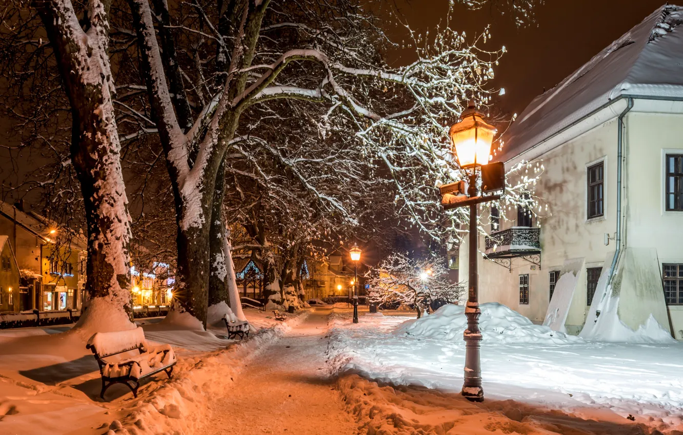 Фото обои Зима, Снег, Фонари, Загреб, Samobor, Хорватия Дома