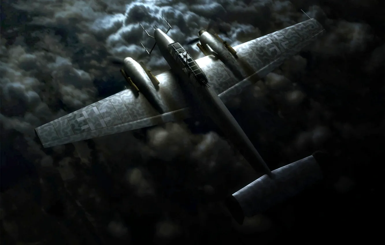 Фото обои облака, ночь, ночной, Messerschmitt, истребитель-перехватчик, двухмоторный, поршневой, Люфтваффе