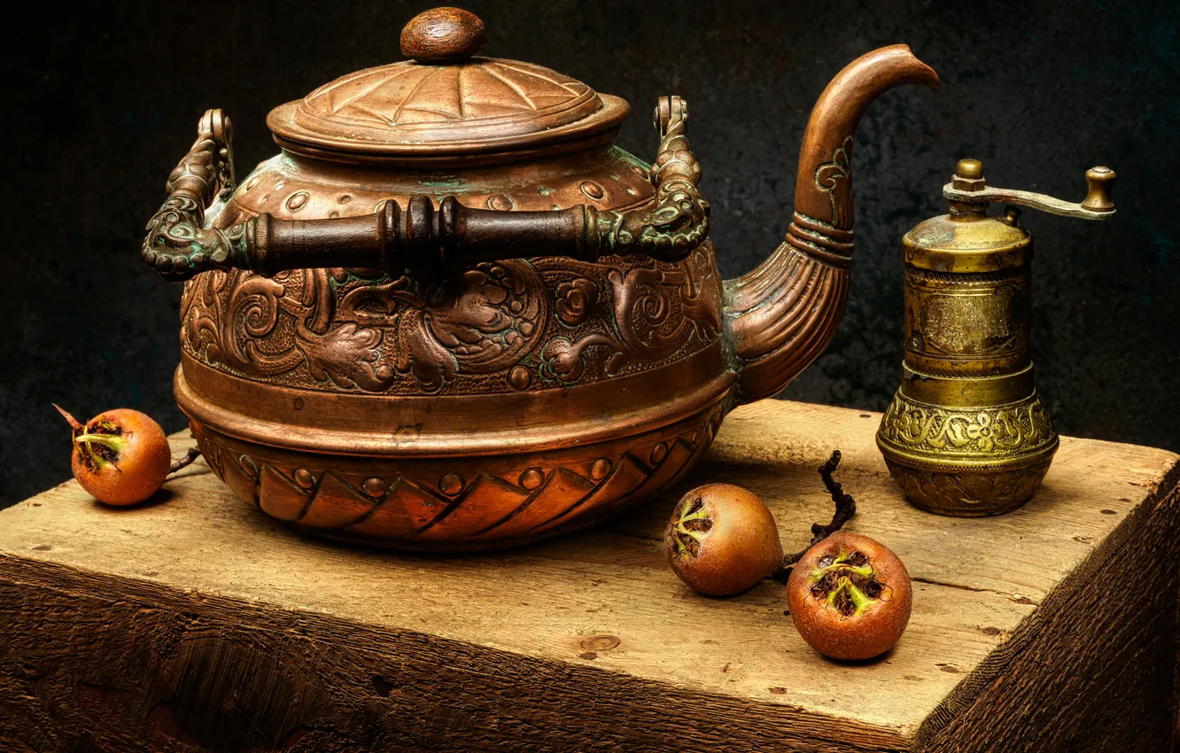 Фото обои чайник, плоды, натюрморт