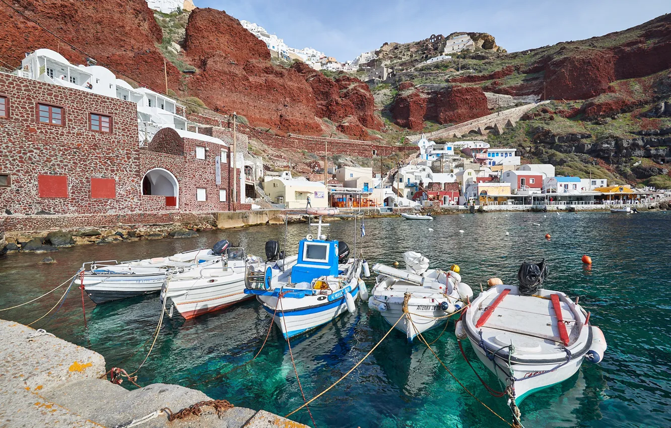 Фото обои побережье, дома, бухта, лодки, Санторини, Греция, причал, Santorini