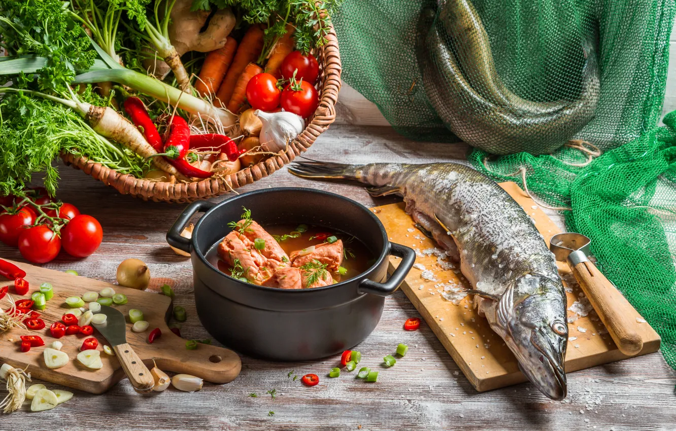 Фото обои рыба, овощи, уха, щука, первое блюдо
