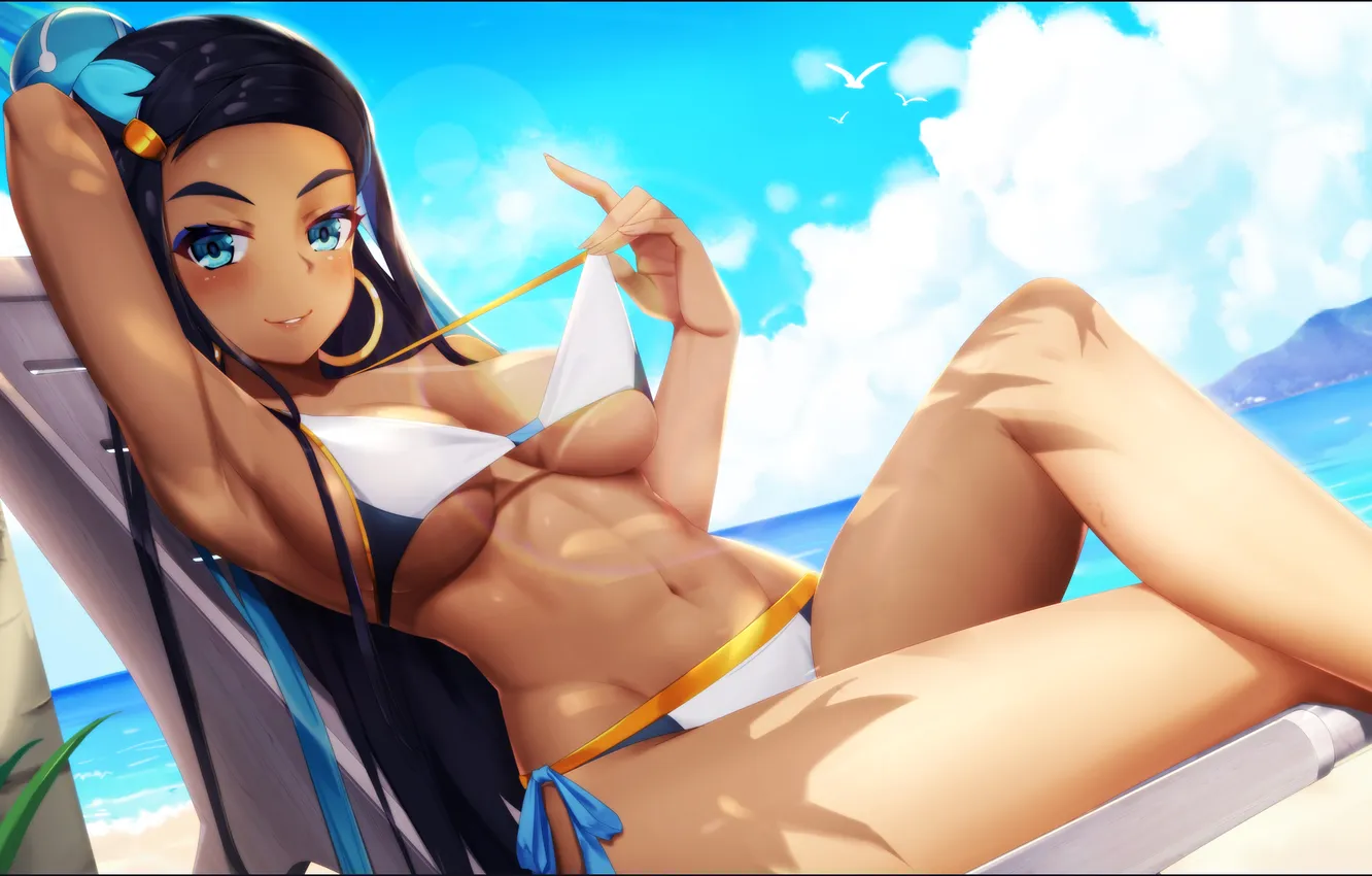 Фото обои beach, bikini, anime girls, Pokémon, dark skin, video game characters, pulling clothing, cropped