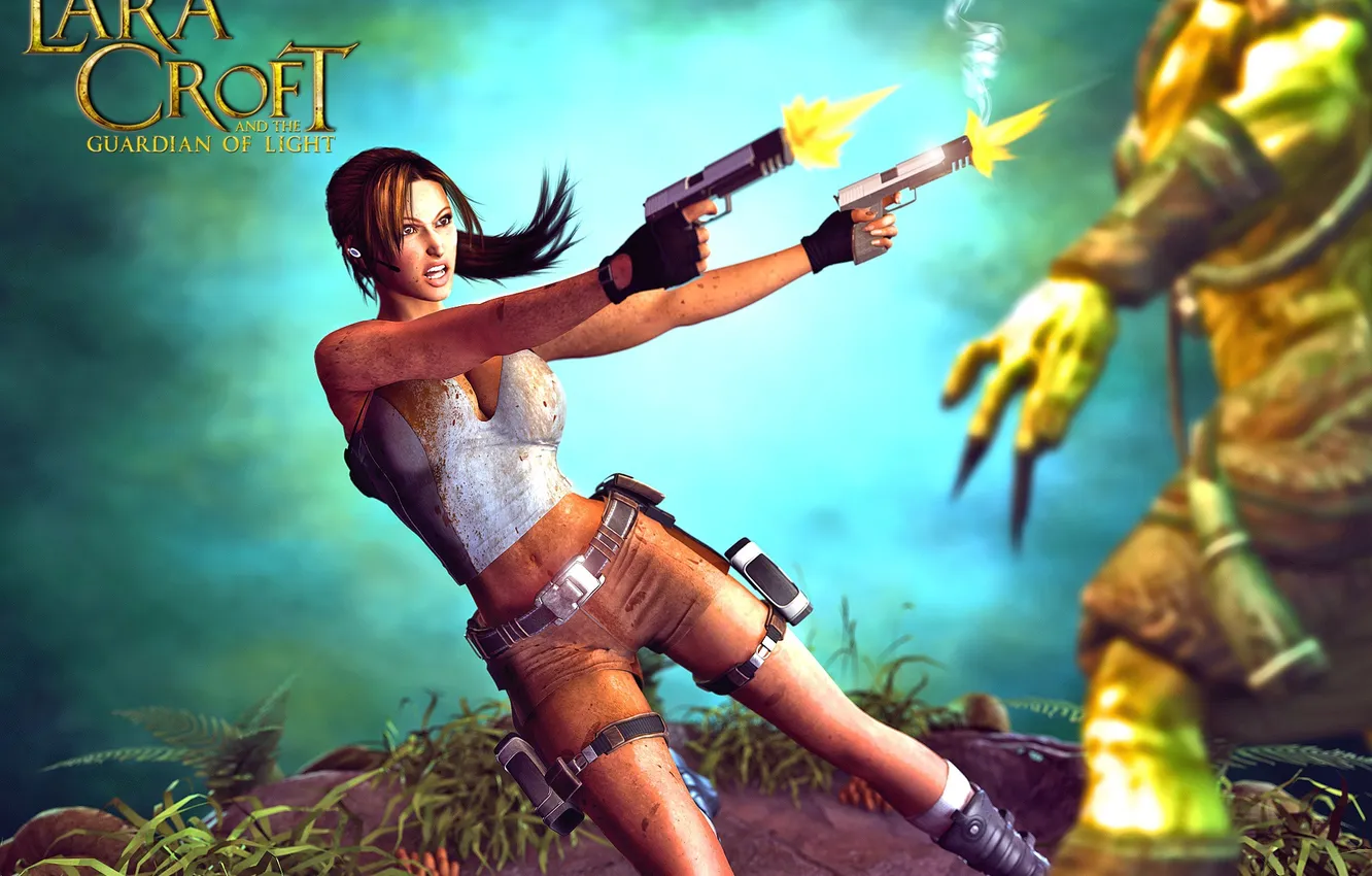Фото обои взгляд, девушка, оружие, пистолеты, выстрелы, Lara Croft