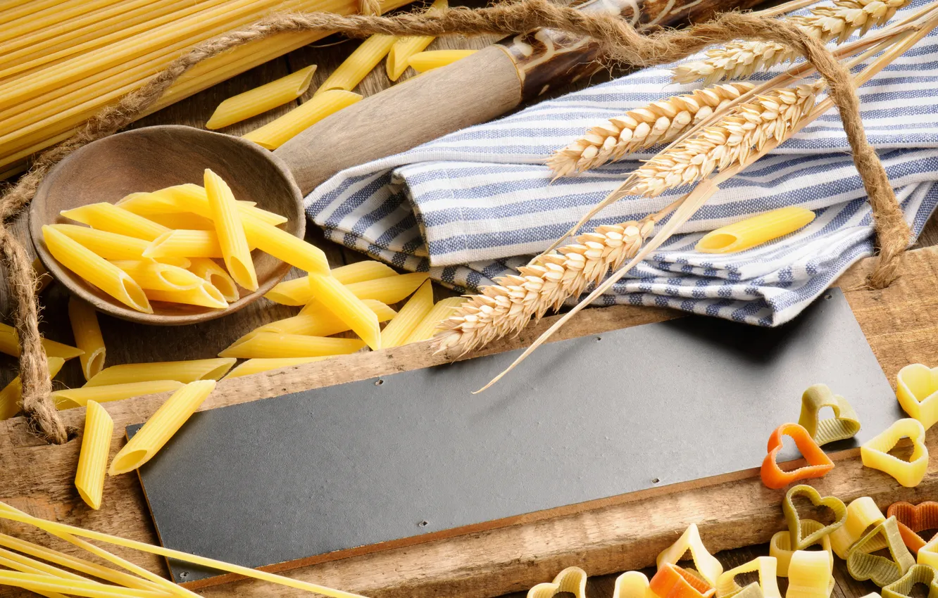 Фото обои пшеница, дерево, ложка, доска, спагетти, макароны