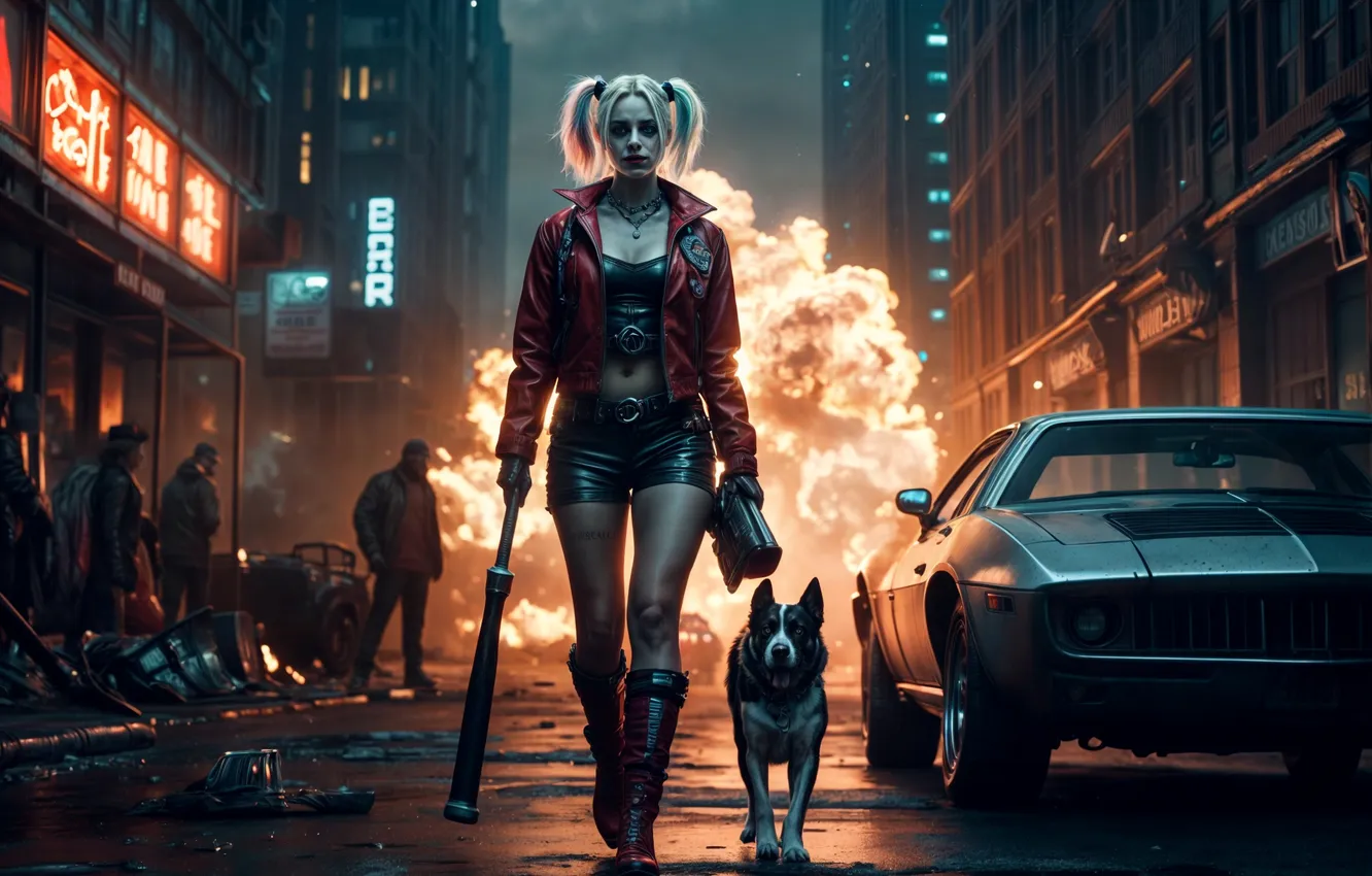 Фото обои девушка, улица, собака, киборг, Харли Квин, изображение сгенерировано ИИ