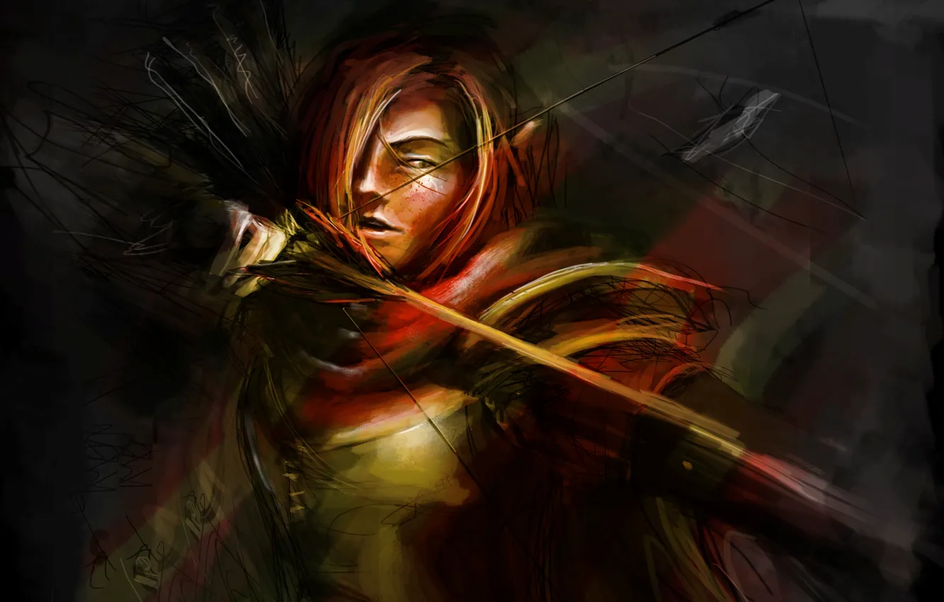 Фото обои девушка, лук, лучница, арт, веснушки, рыжая, стрелы, Dota 2