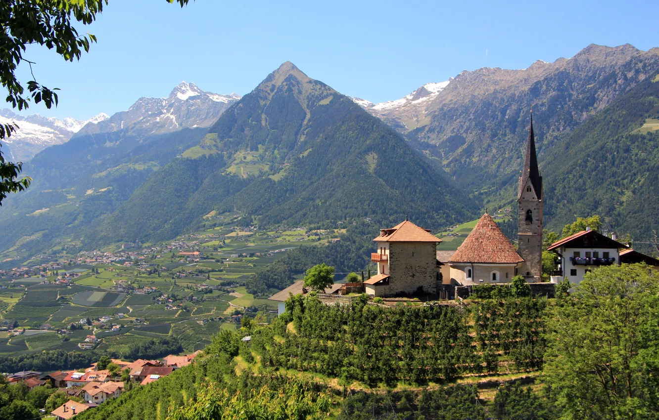 Фото обои горы, долина, Италия, церковь, панорама, Italy, Мерано, Больцано